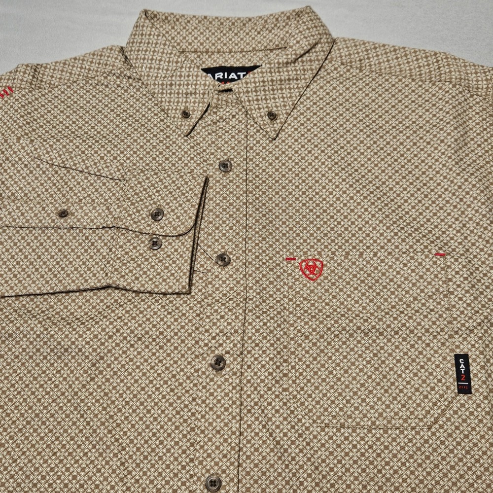 Ariat FR Work Shirt Mens Large Brown Geometric Logo Long Sleeve CAT 2 2112